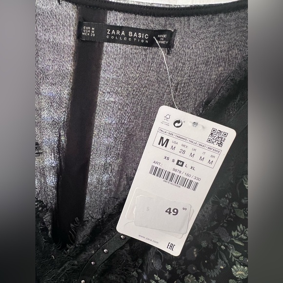 NWT Zara Floral Dress, Studded w/ Lace Trimmings in Greeb and Black Color, Sz M - Picture 6 of 11